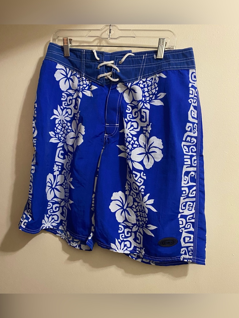 OP Mens Size 32 32” Board Shorts Swim Trunks Blue White Floral Tropical Hawaiian
